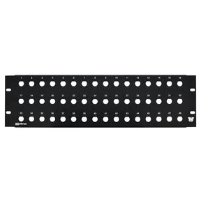 A black 48 port blank feedthru panel with 1/2 inch holes for rack mounting.