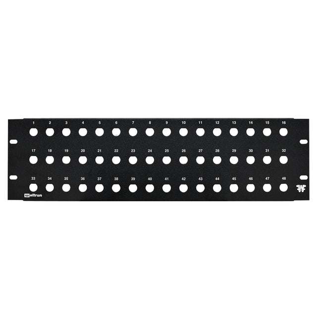A black 48 port blank feedthru panel with 1/2 inch holes for rack mounting.