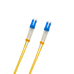 Two fiber optic cables with blue connectors on a white background