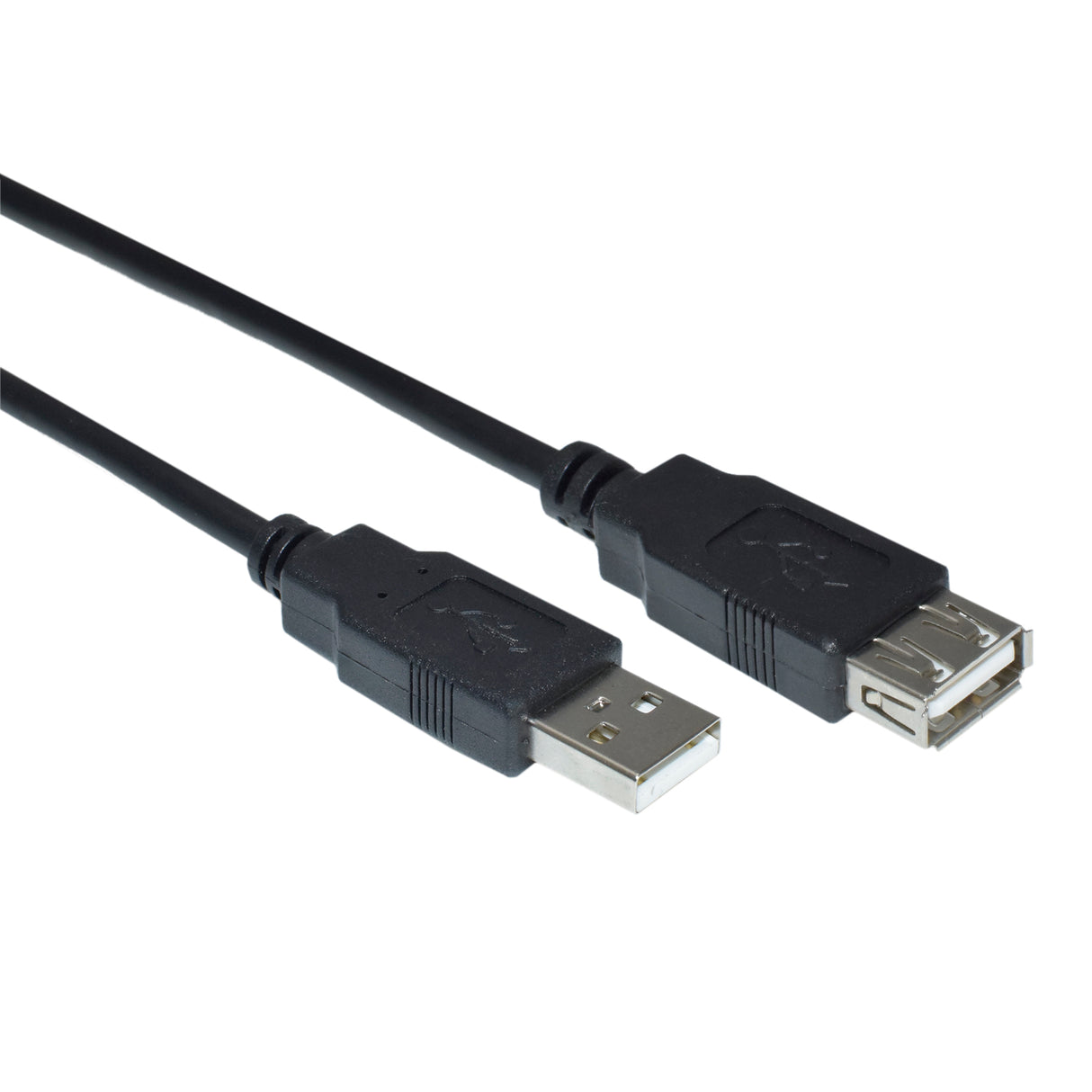 A black USB extension cable with a male USB connector on one end and a female USB connector on the other end.