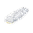 A clear RJ-45 modular plug with a boot, designed for Cat6A 28AWG cables, showing the connector's pins and the transparent boot that protects the connector.