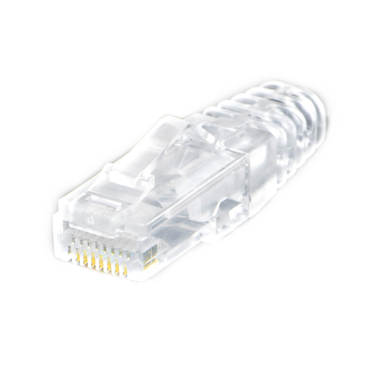 A clear RJ-45 modular plug with a boot, designed for Cat6A 28AWG cables, showing the connector's pins and the transparent boot that protects the connector.