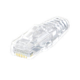 A clear RJ-45 modular plug with a boot, designed for Cat6A 28AWG cables, showing the connector's pins and the transparent boot that protects the connector.