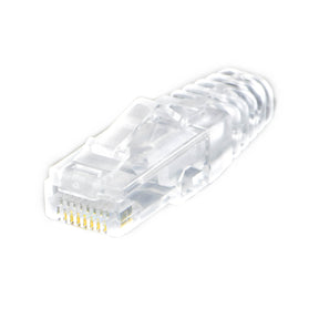 A clear RJ-45 modular plug with a boot, designed for Cat6A 28AWG cables, showing the connector's pins and the transparent boot that protects the connector.