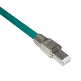 A green colored Category 5E Industrial Patch Cable with shielded RJ-45 male plugs.
