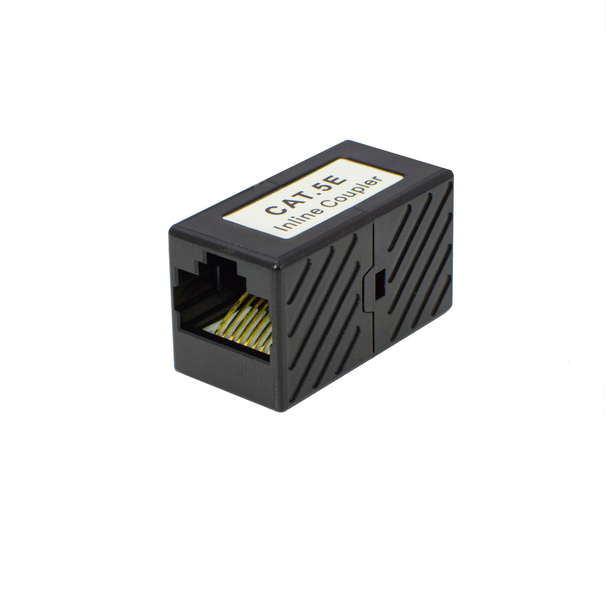 A black Category 5E inline coupler with RJ-45 connectors on both ends