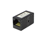 A black Category 5E inline coupler with RJ-45 connectors on both ends