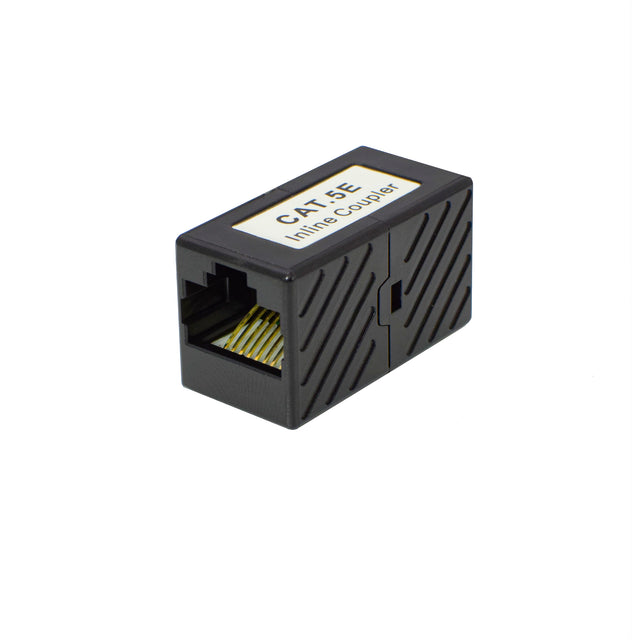 A black Category 5E inline coupler with RJ-45 connectors on both ends