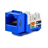 A blue Category 5e Keystone Punch Down Jack with color-coded connectors for Ethernet wiring.