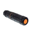 A black and orange Category 6A waterproof inline coupler with nickel plated phosphor bronze contacts.