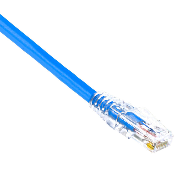A blue network cable with a clear connector boot.