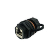 A black Category 6 Industrial Ethernet Coupler with a dust cap and a 23mm hole design.