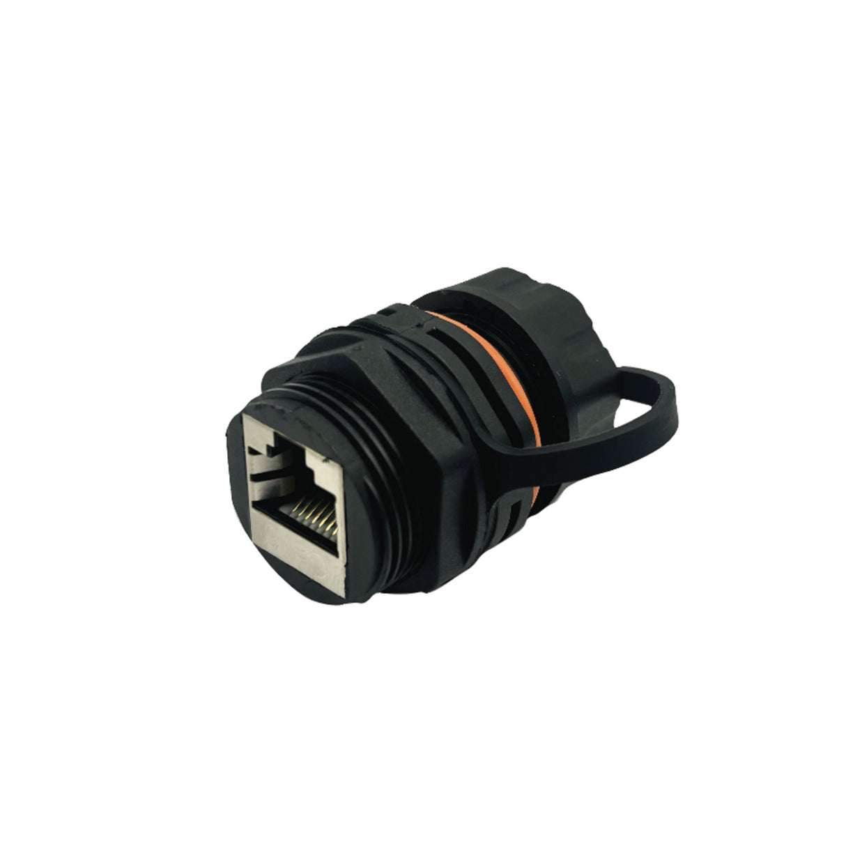 A black Category 6 Industrial Ethernet Coupler with a dust cap and a 23mm hole design.