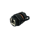 A black Category 6 Industrial Ethernet Coupler with a dust cap and a 23mm hole design.
