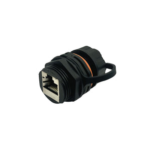 A black Category 6 Industrial Ethernet Coupler with a dust cap and a 23mm hole design.