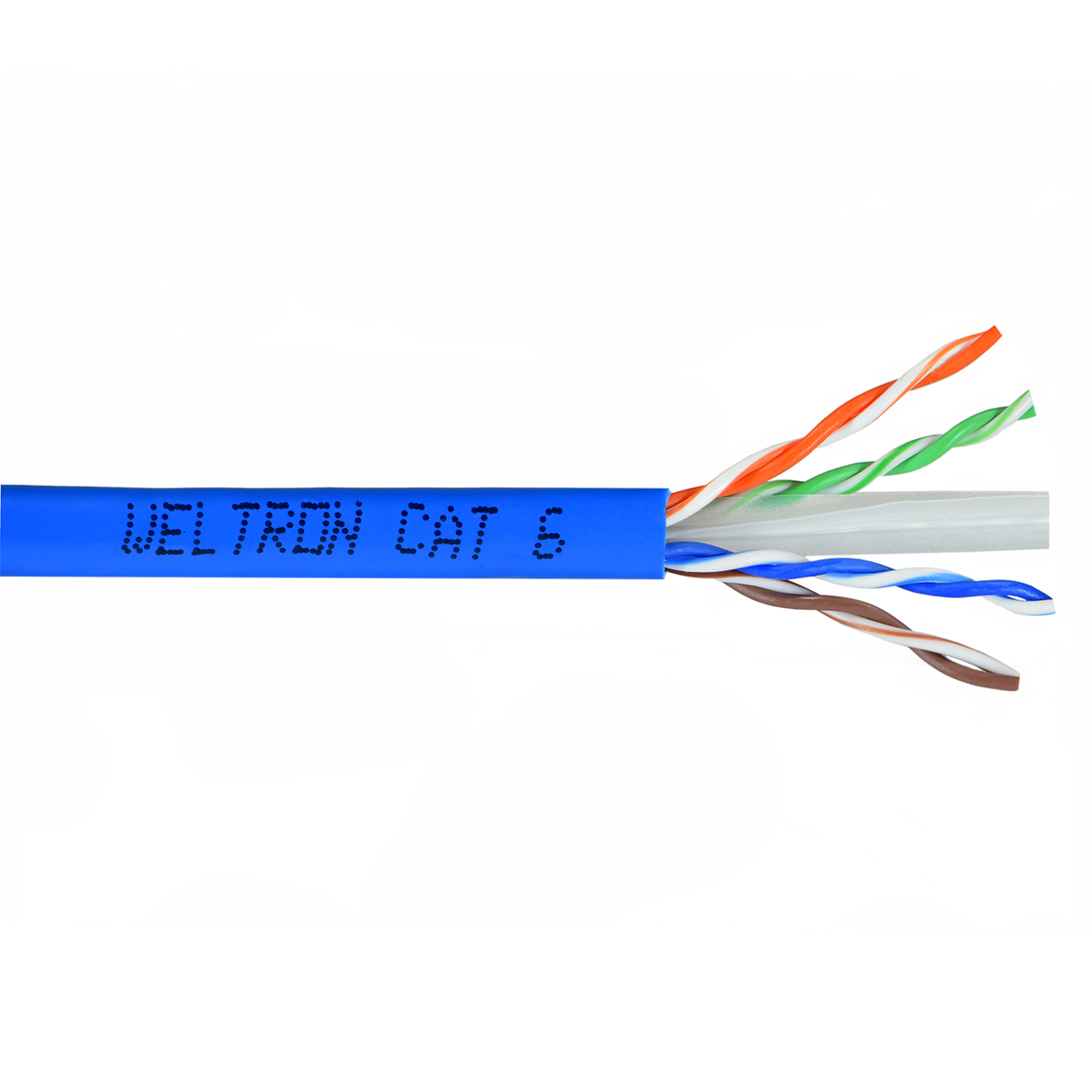 A close-up of a cut section of Category 6 U/UTP Stranded CM bulk ethernet cable, showing the internal wires and the label 'WELTRON CAT 6'.