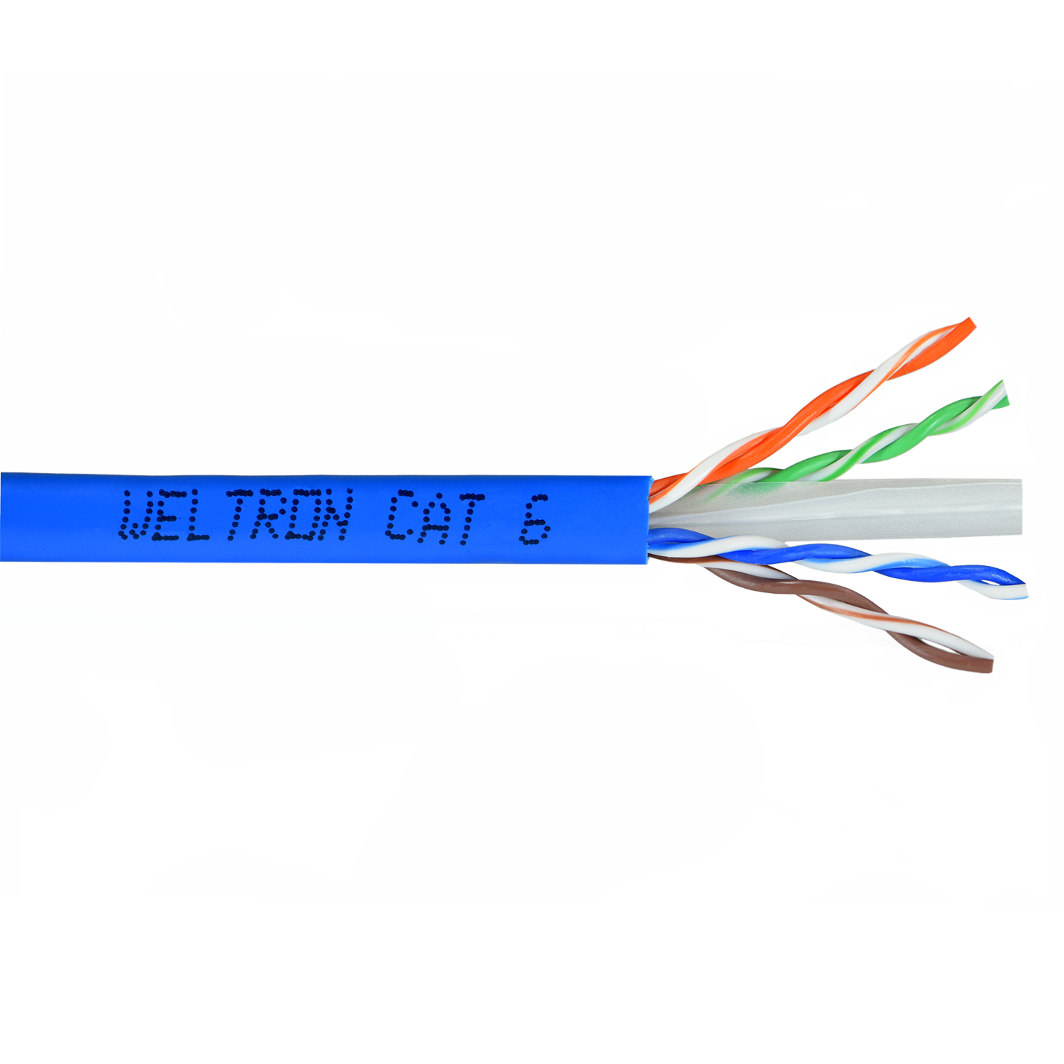 A close-up of a cut section of Category 6 U/UTP Stranded CM bulk ethernet cable, showing the internal wires and the label 'WELTRON CAT 6'.