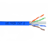 A close-up of a cut section of Category 6 U/UTP Stranded CM bulk ethernet cable, showing the internal wires and the label 'WELTRON CAT 6'.