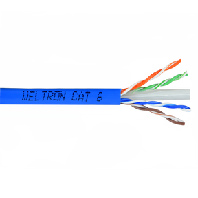 A close-up of a cut section of Category 6 U/UTP Stranded CM bulk ethernet cable, showing the internal wires and the label 'WELTRON CAT 6'.