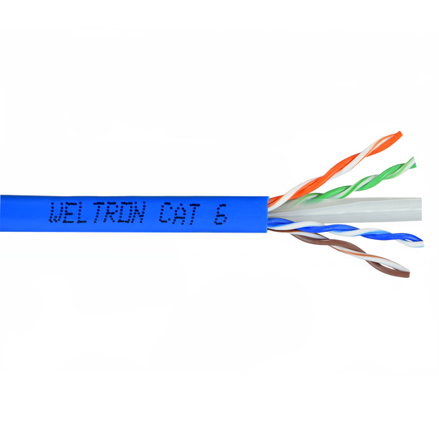 A close-up of a cut section of Category 6 U/UTP Stranded CM bulk ethernet cable, showing the internal wires and the label 'WELTRON CAT 6'.