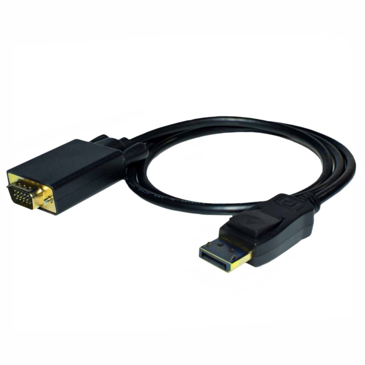 A black Display Port Male to VGA Male cable with golden connectors on both ends.