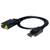 A black Display Port Male to VGA Male cable with golden connectors on both ends.