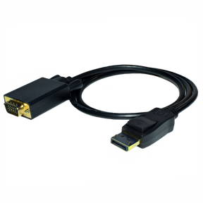 A black Display Port Male to VGA Male cable with golden connectors on both ends.