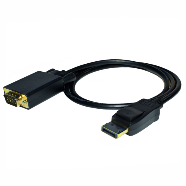 A black Display Port Male to VGA Male cable with golden connectors on both ends.