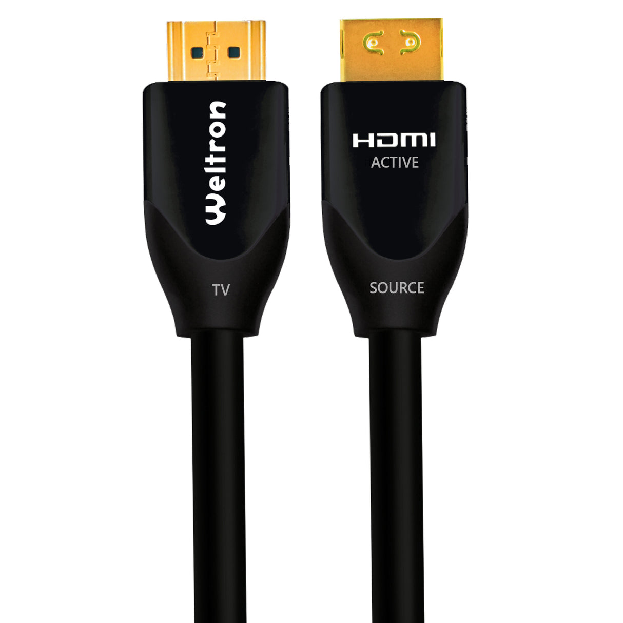 An HDMI cable with one end labeled 'SOURCE' and the other end 'TV', indicating a high-speed active chipset designed for long-distance signal transmission.