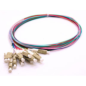A bundle of 12 color-coded fiber optic pigtails with LC UPC connectors.