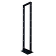 A free standing, black 45 RU 2-post rack designed for mounting network equipment.