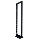 A free standing, black 45 RU 2-post rack designed for mounting network equipment.