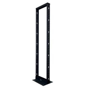 A free standing, black 45 RU 2-post rack designed for mounting network equipment.