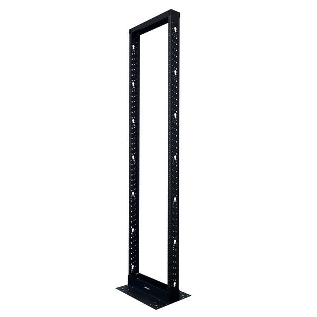 A free standing, black 45 RU 2-post rack designed for mounting network equipment.