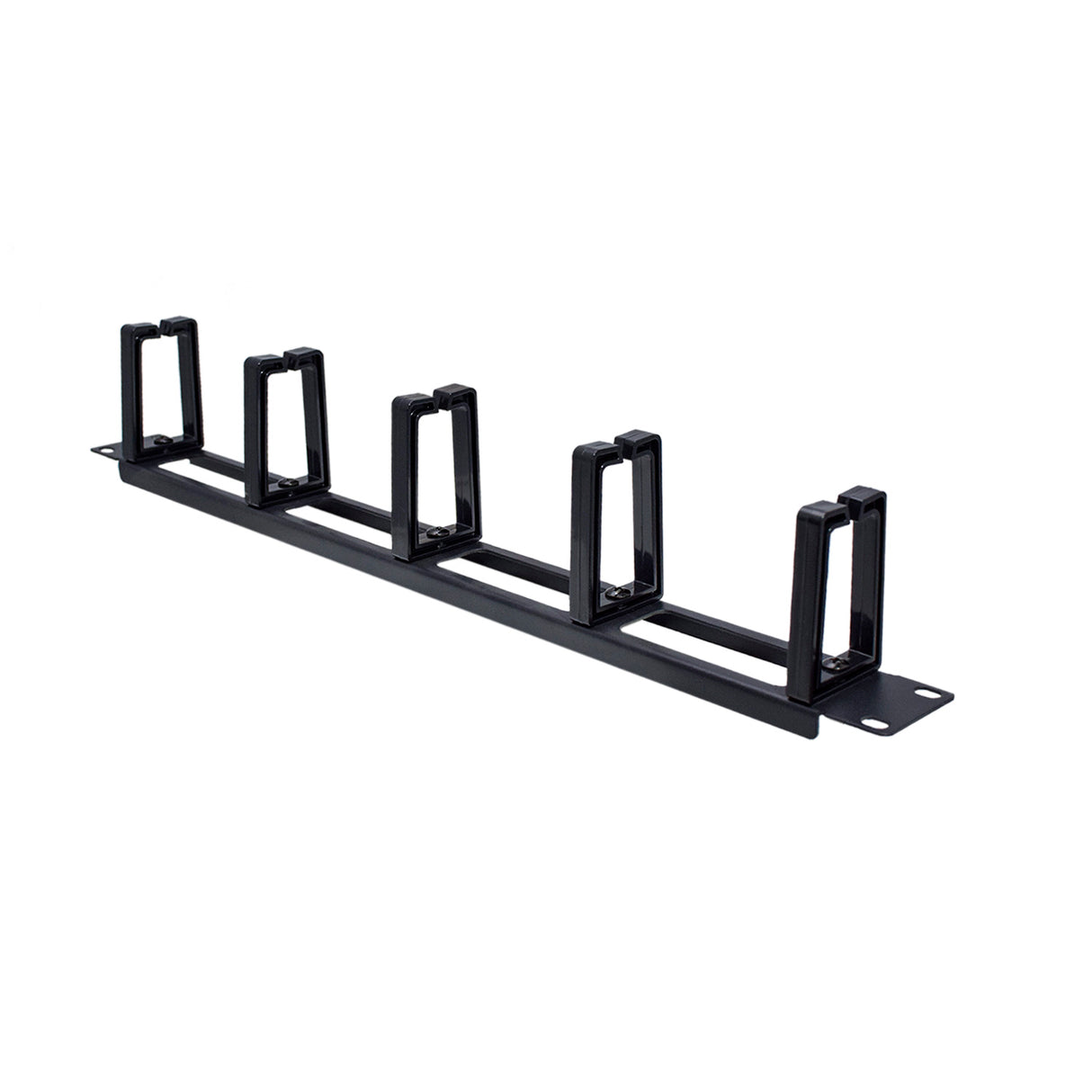 A black horizontal rackmount cable manager with multiple slots for organizing network cables in a server rack.