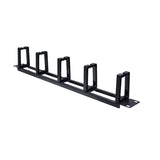 A black horizontal rackmount cable manager with multiple slots for organizing network cables in a server rack.