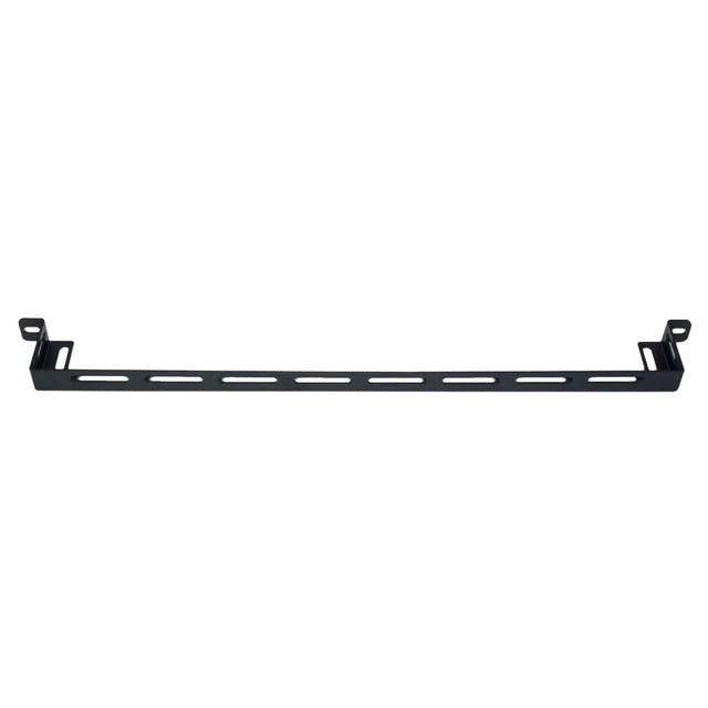 A black L-shaped lacing bar designed for cable management in racks and enclosures.