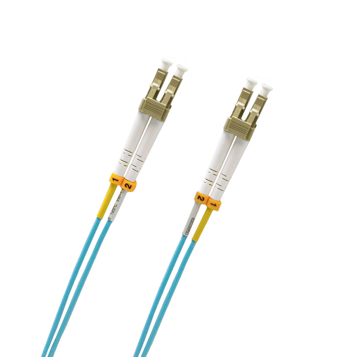 Two fiber optic cables with gold connectors on a white background
