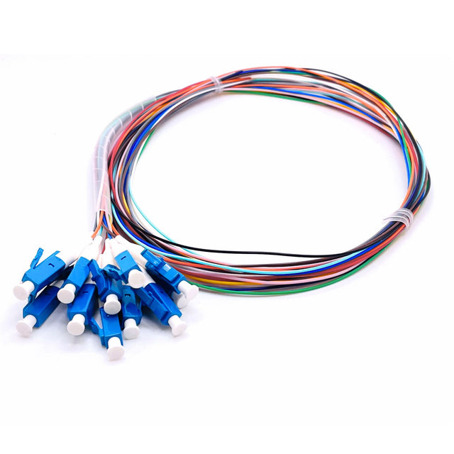A bundle of color-coded fiber optic pigtails with blue LC UPC connectors and a 0.9mm unjacketed design.
