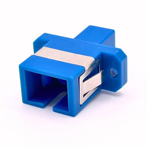 A blue LC/UPC to SC/UPC hybrid simplex OS2 single mode plastic fiber optic adapter with flange.