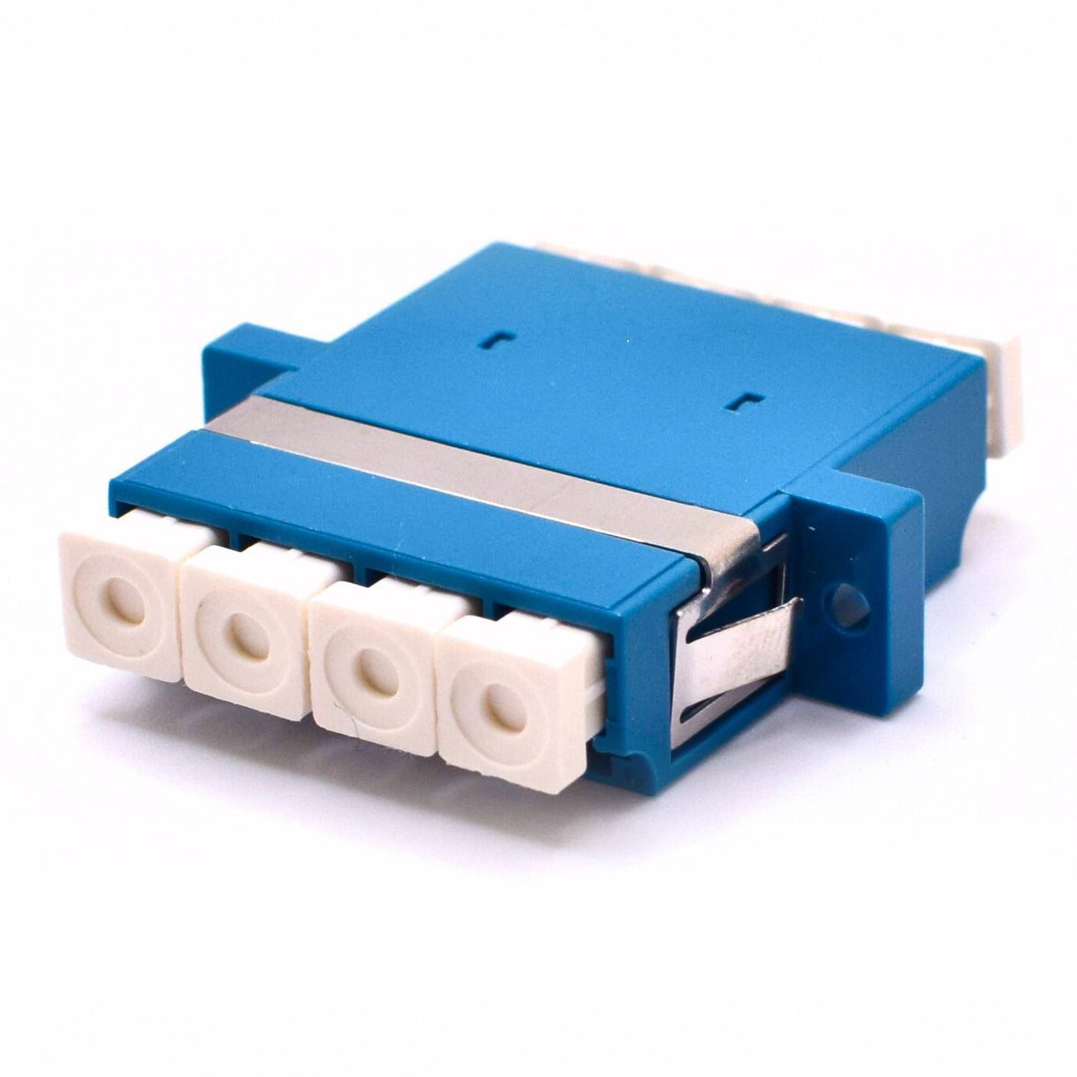 A blue LC/UPC to LC/UPC quad single mode fiber optic coupler with flange, featuring multiple white ports.