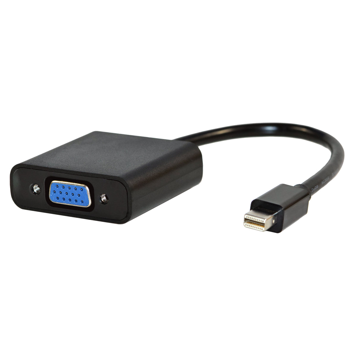 A black Mini Display Port Male to VGA Female adapter with a blue VGA connector and a black Mini DisplayPort.