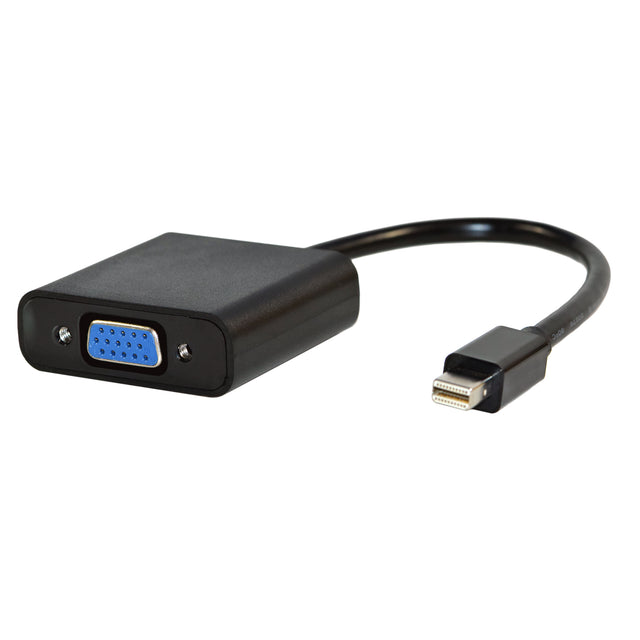 A black Mini Display Port Male to VGA Female adapter with a blue VGA connector and a black Mini DisplayPort.