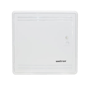 A white 15-inch Multi-Media Structured Wiring Enclosure with a secure door, designed for flush mount installation on walls.