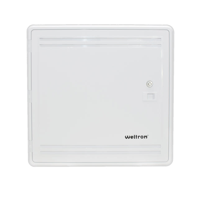 A white 15-inch Multi-Media Structured Wiring Enclosure with a secure door, designed for flush mount installation on walls.
