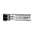 A silver multi-mode SFP module for fiber optic networking with specifications labeled on the front.