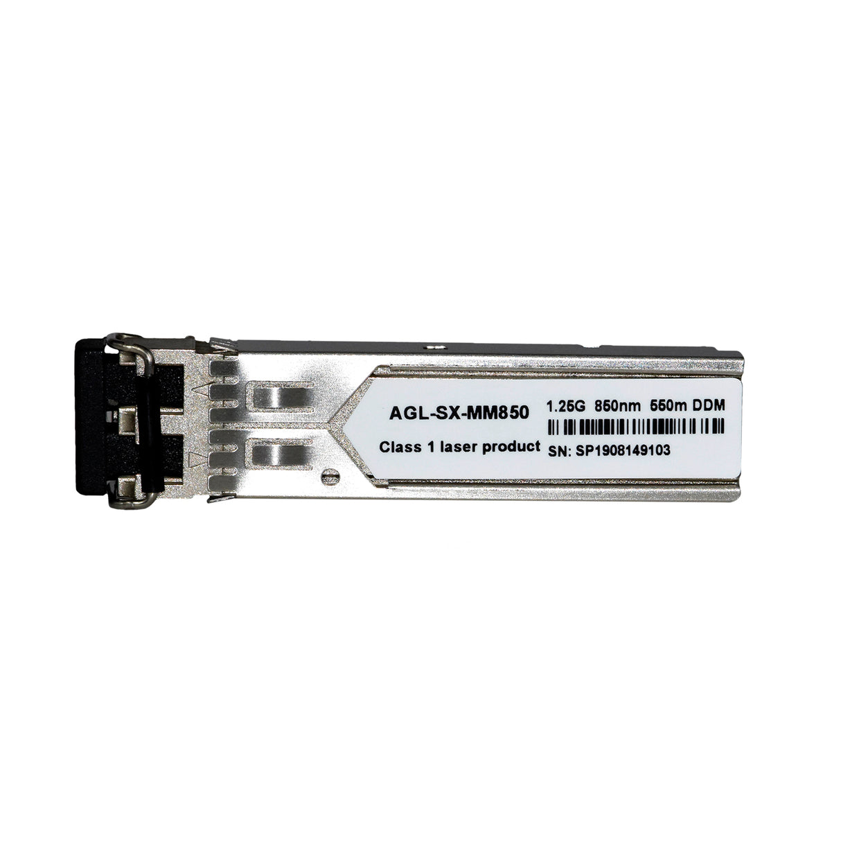 A silver multi-mode SFP module for fiber optic networking with specifications labeled on the front.