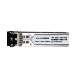 A silver multi-mode SFP module for fiber optic networking with specifications labeled on the front.