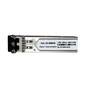 A silver multi-mode SFP module for fiber optic networking with specifications labeled on the front.