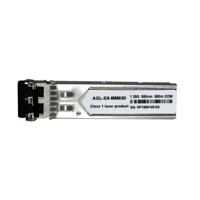 A silver multi-mode SFP module for fiber optic networking with specifications labeled on the front.